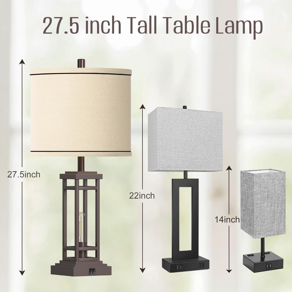 Set of 2 Table Lamps with USB Ports, 27.5" Tall Farmhouse