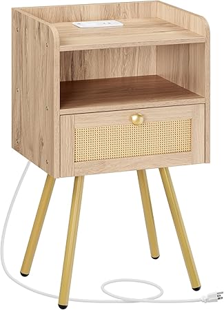 Nightstand with Charging Station, Set of 2, Side Table with Rattan-Like Decor