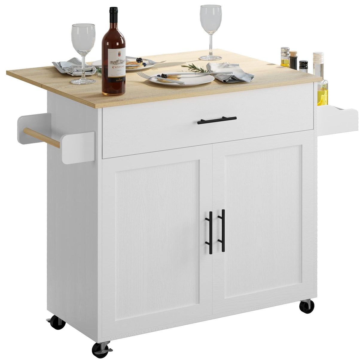 Rolling Kitchen Island Table on Wheels with Drop Leaf