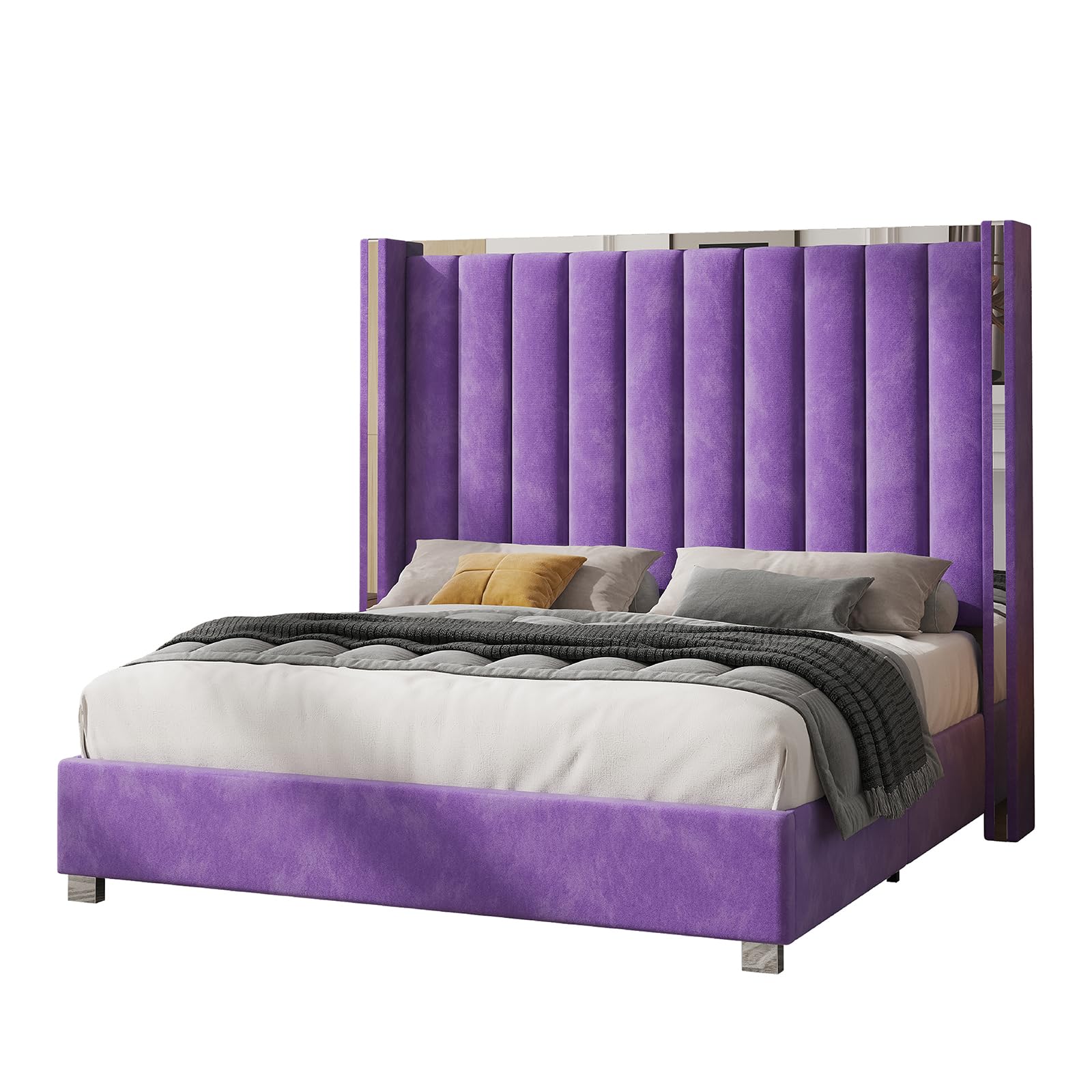 King Velvet Platform Bed with 58" Tufted Wingback Headboard