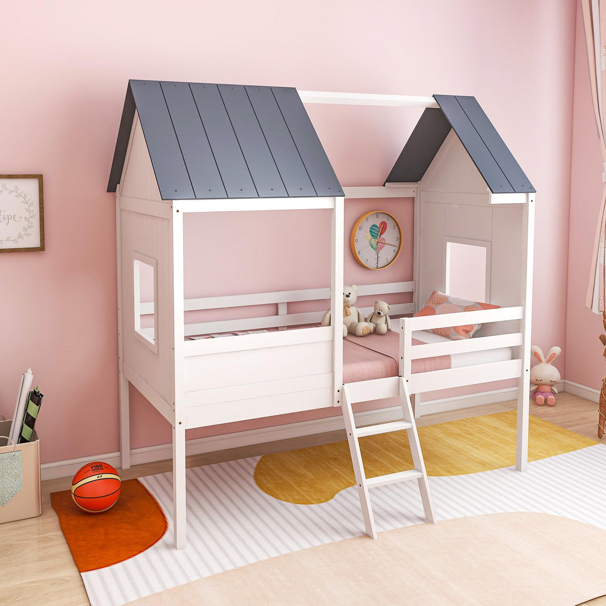 Bed Frame, Kids Low Loft Bed Frame with Roof, Side Windows & Ladder, Wooden Slatted