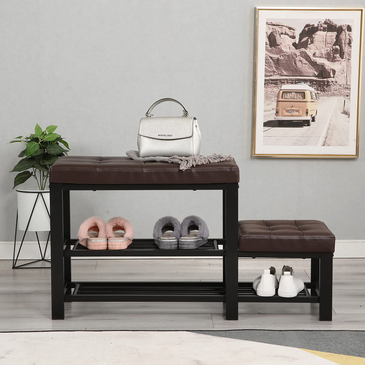 35.4inch PVC Shoe Bench Storage Bench Hallway Shoe Bench Entryway Bench Shoes Rack with Bench, Brown