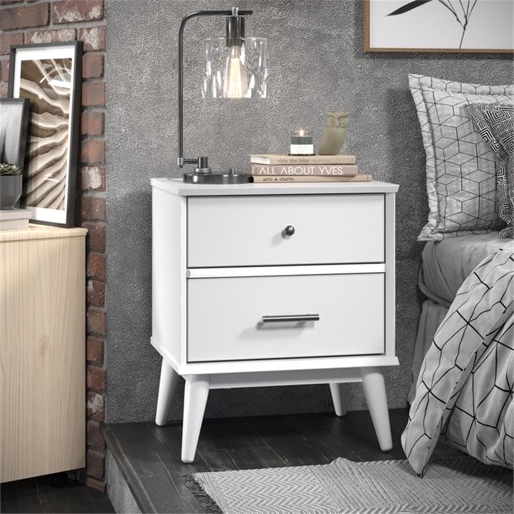 Mid-Century Two Drawer Nightstand/Constructed of Solid Wood/White Finish