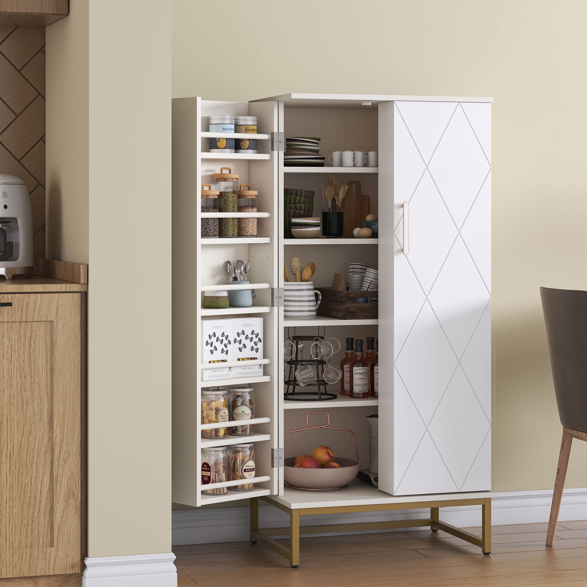 51” Pantry Cabinets, White Freestanding Kitchen Pantry Storage Cabinet with Adjustable