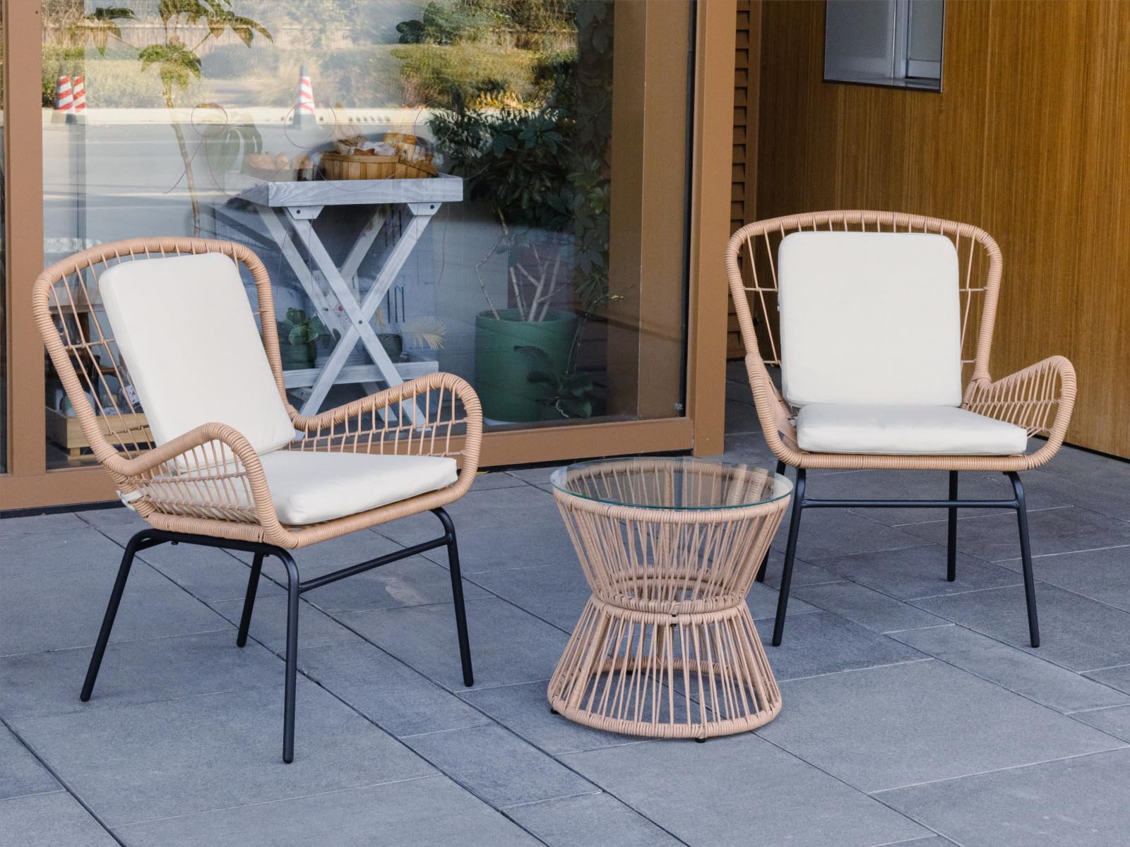 3 Piece Rattan Patio Bistro Set,Outdoor Wicker Furniture with 2 Chairs and Glass Top Table