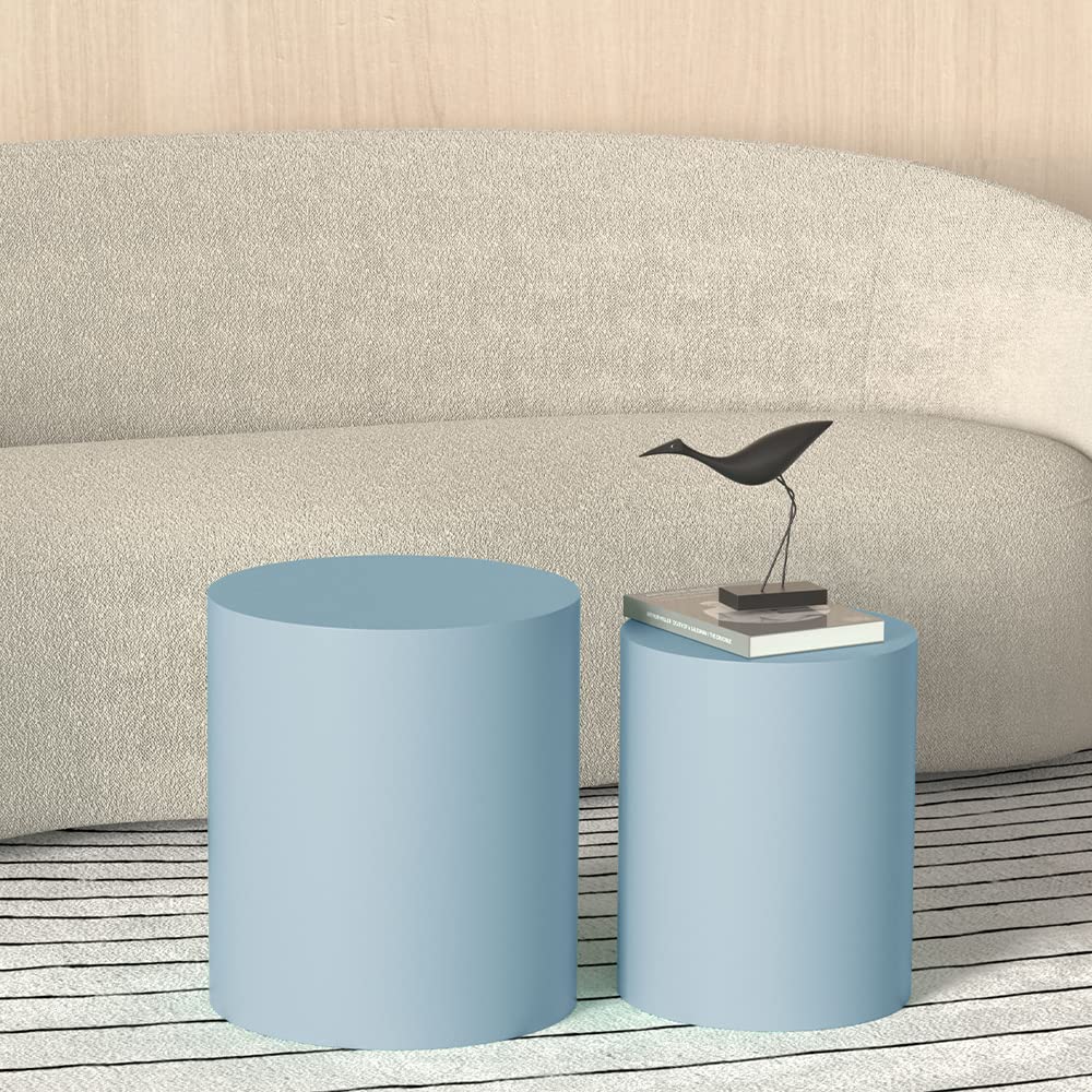 Nesting Coffee Table Set of 2, Blue Round Wooden Nesting Tables Modern Circle Table