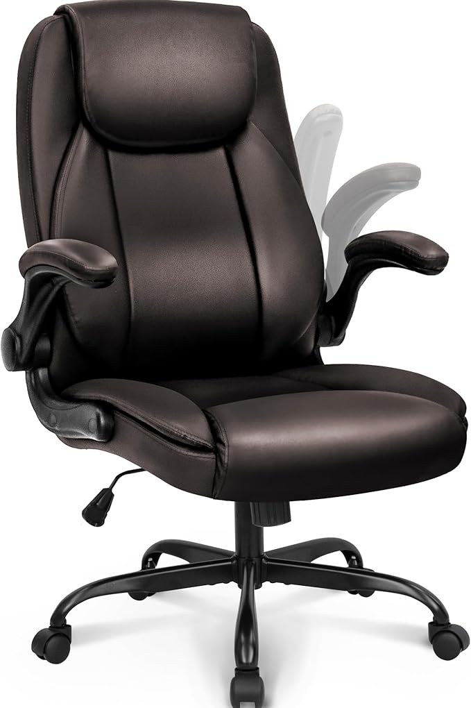 Ergonomic Office Chair PU Leather Executive Chair Padded Flip Up Armrest Computer Chair Adjustable Height High Back Lumbar Support Wheels Swivel