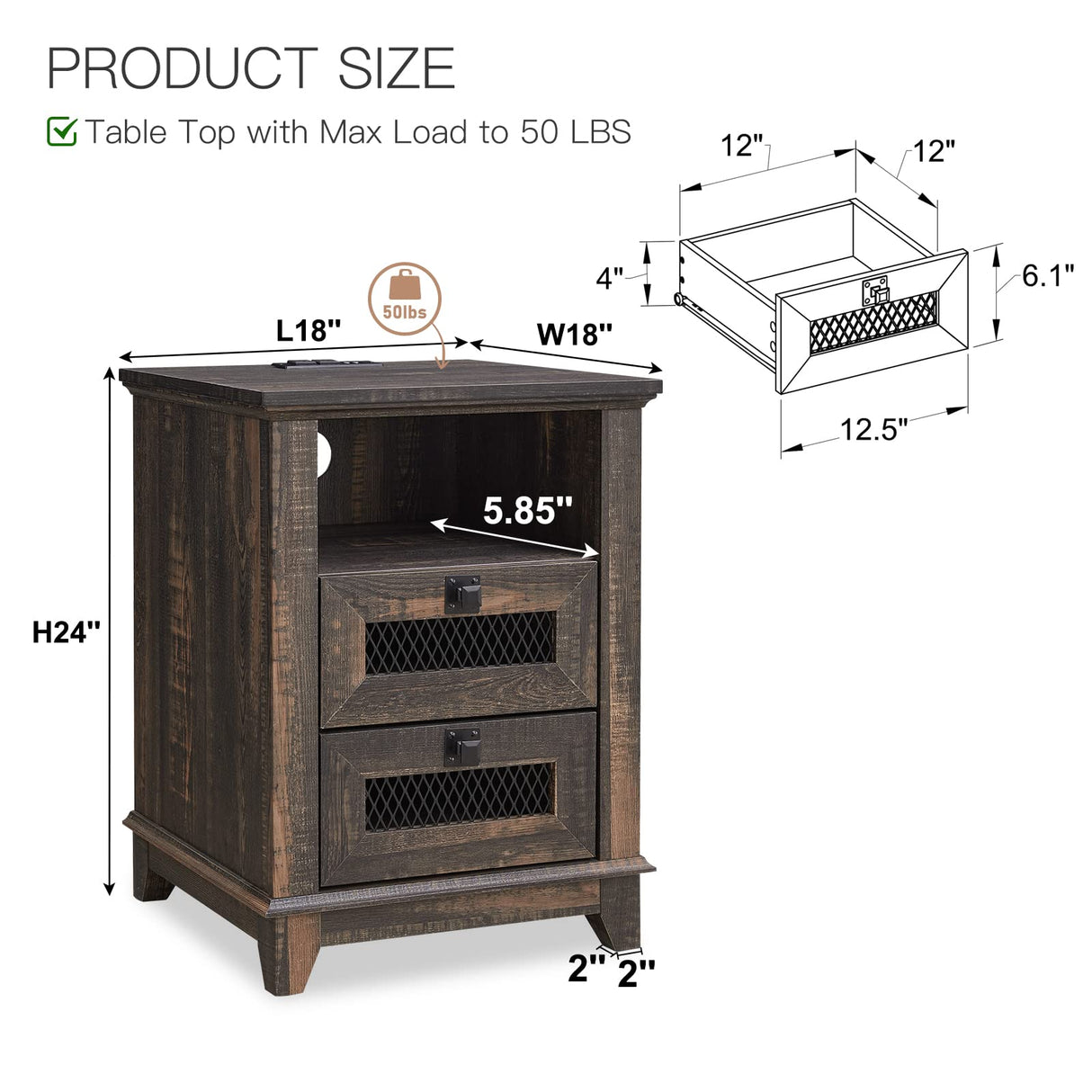 Nightstand with Charging Station, 18'' Industrial & Farmhouse End Table