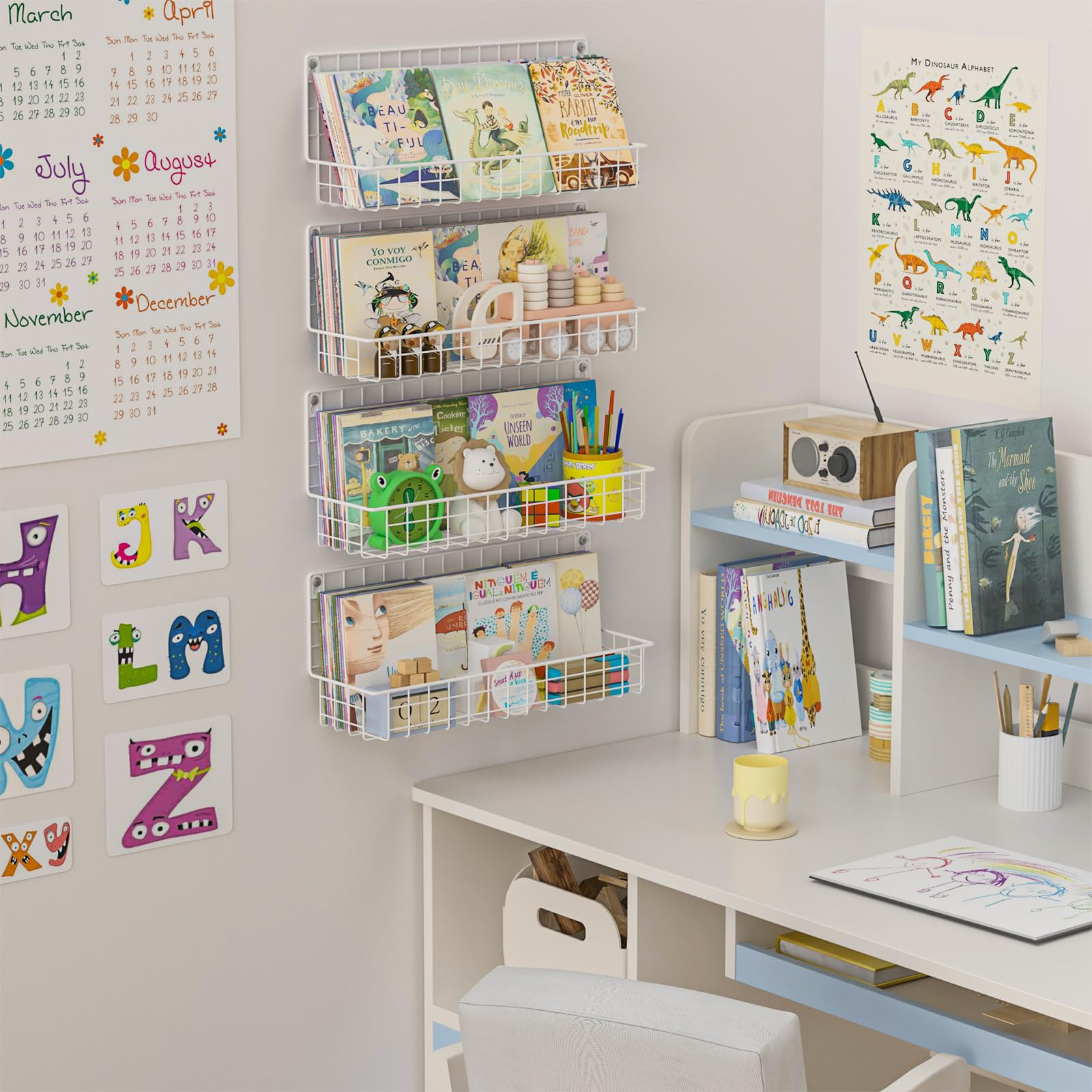 Wall Mounted Metal Kids Bookshelf, Floating Book Shelves