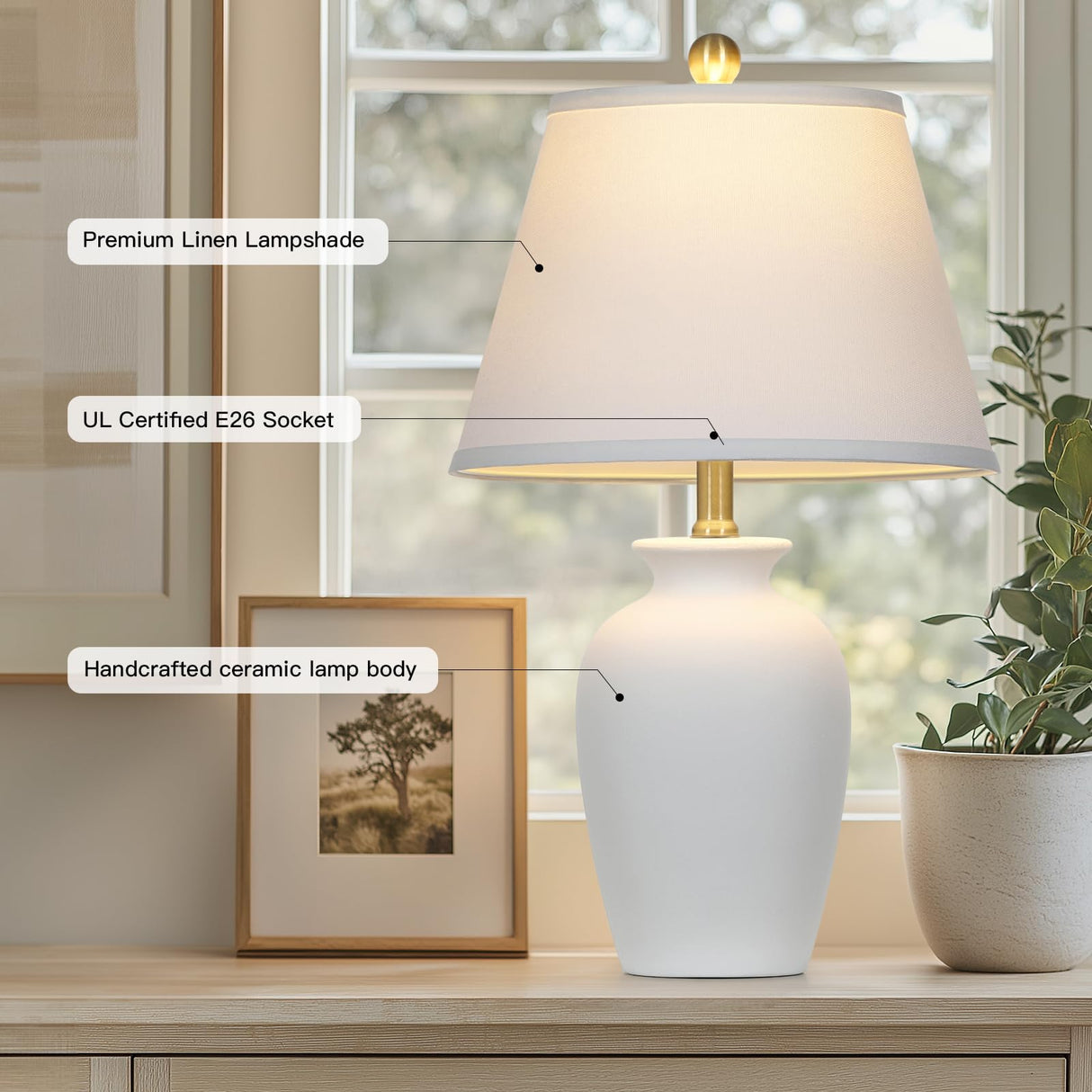 Cinkeda 22" White Ceramic Modern Table Lamp with Ginger Jar Design - for Living Room,Dining Room,Bedroom,Office,Nightstand,End Table