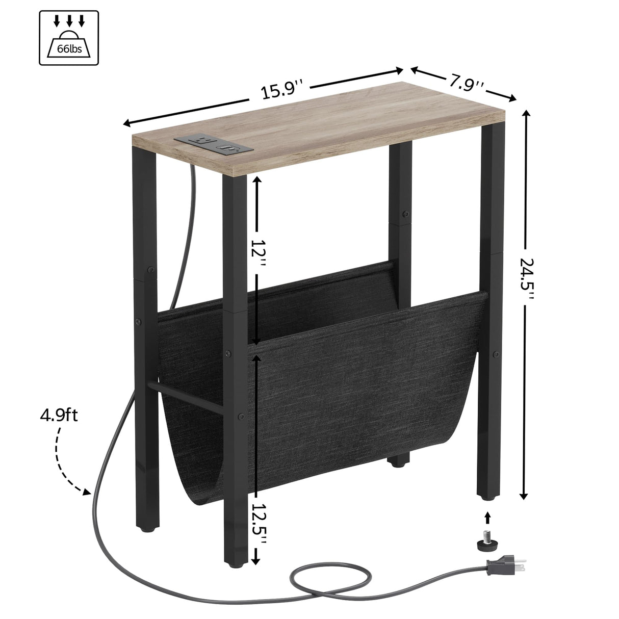 Narrow Side Tables Set of 2 with Charging Station, Small End Table with Storage Pouch