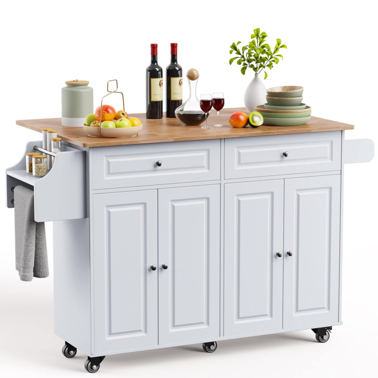 Kitchen Island on Wheels Kitchen Cart with Rubber Wood Top