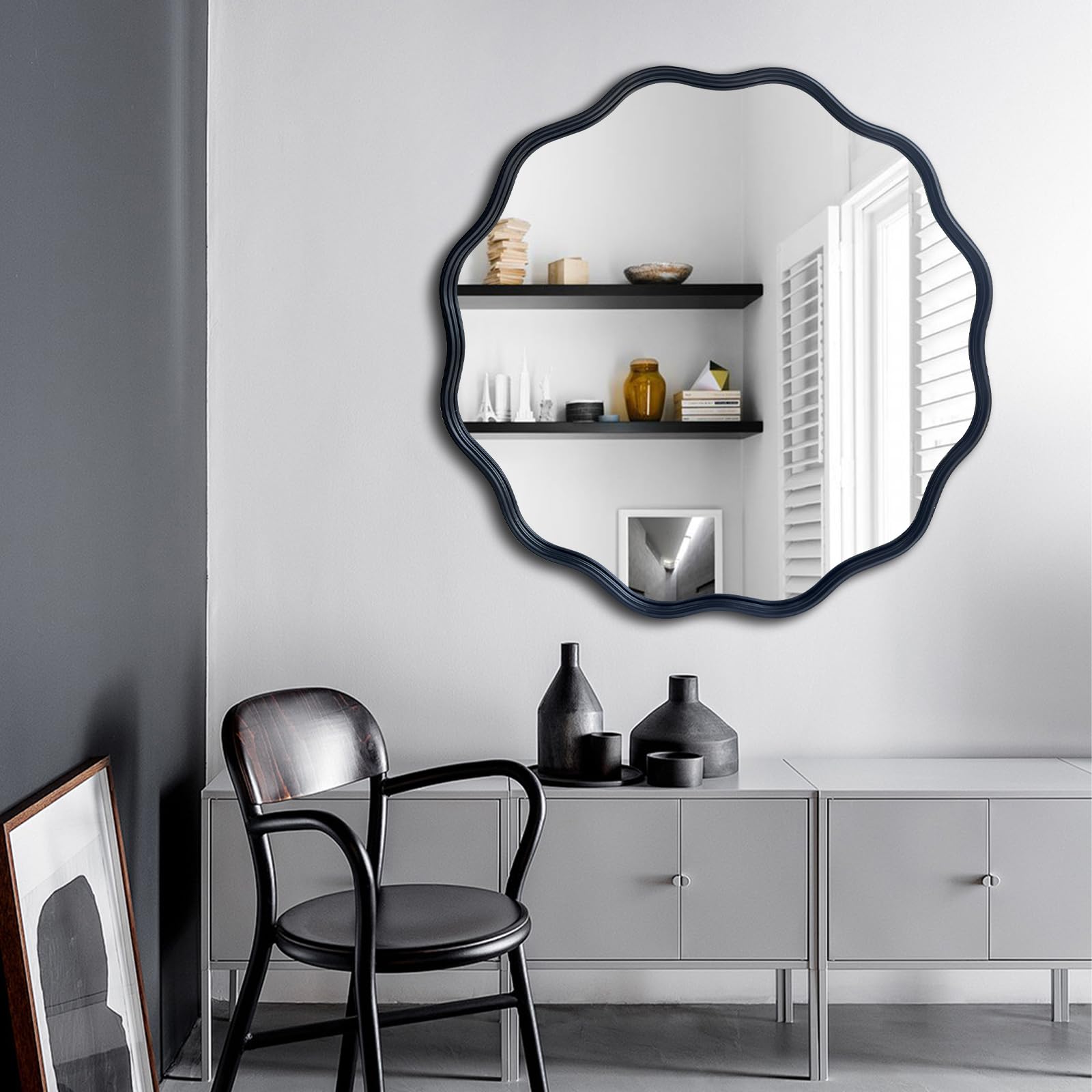 Black Round Mirror, 30" Bathroom Wavy Mirror, Wall Mounted Mirror