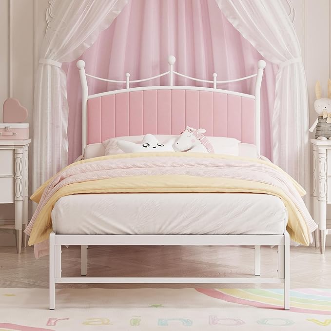 Upholstered Headboard, Soft Velvet Bed Frame Metal Platform No Box Spring Needed