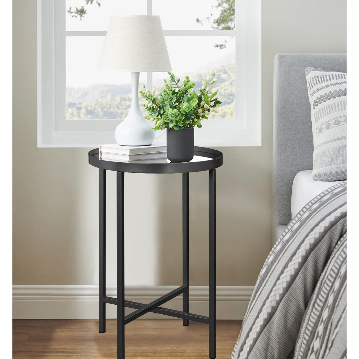 Round Side Table, Black End Table with Mirror Top, Metal Coffee Accent Table