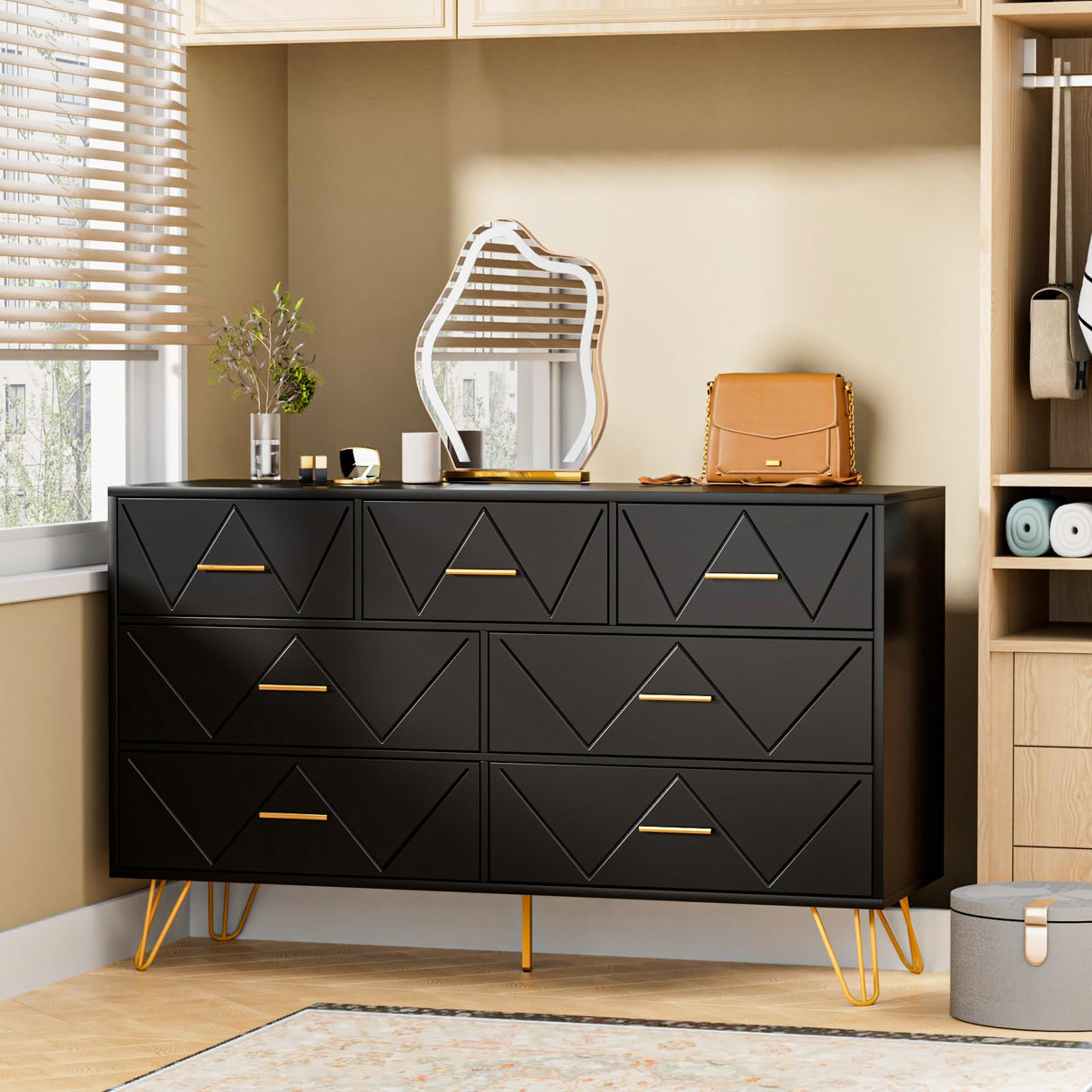 Dresser for Bedroom, 7 Drawer Dresser, Black Dresser with Gold Handles