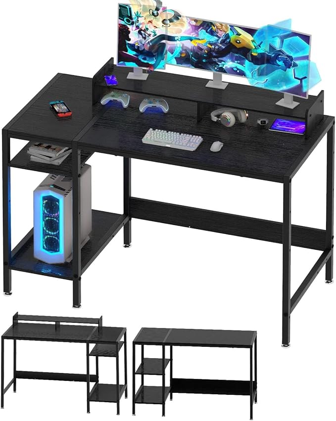 Gaming/Computer Desk - 47” Home Office Small Desk with Monitor Stand, Rustic Writing Desk for 2 Monitors