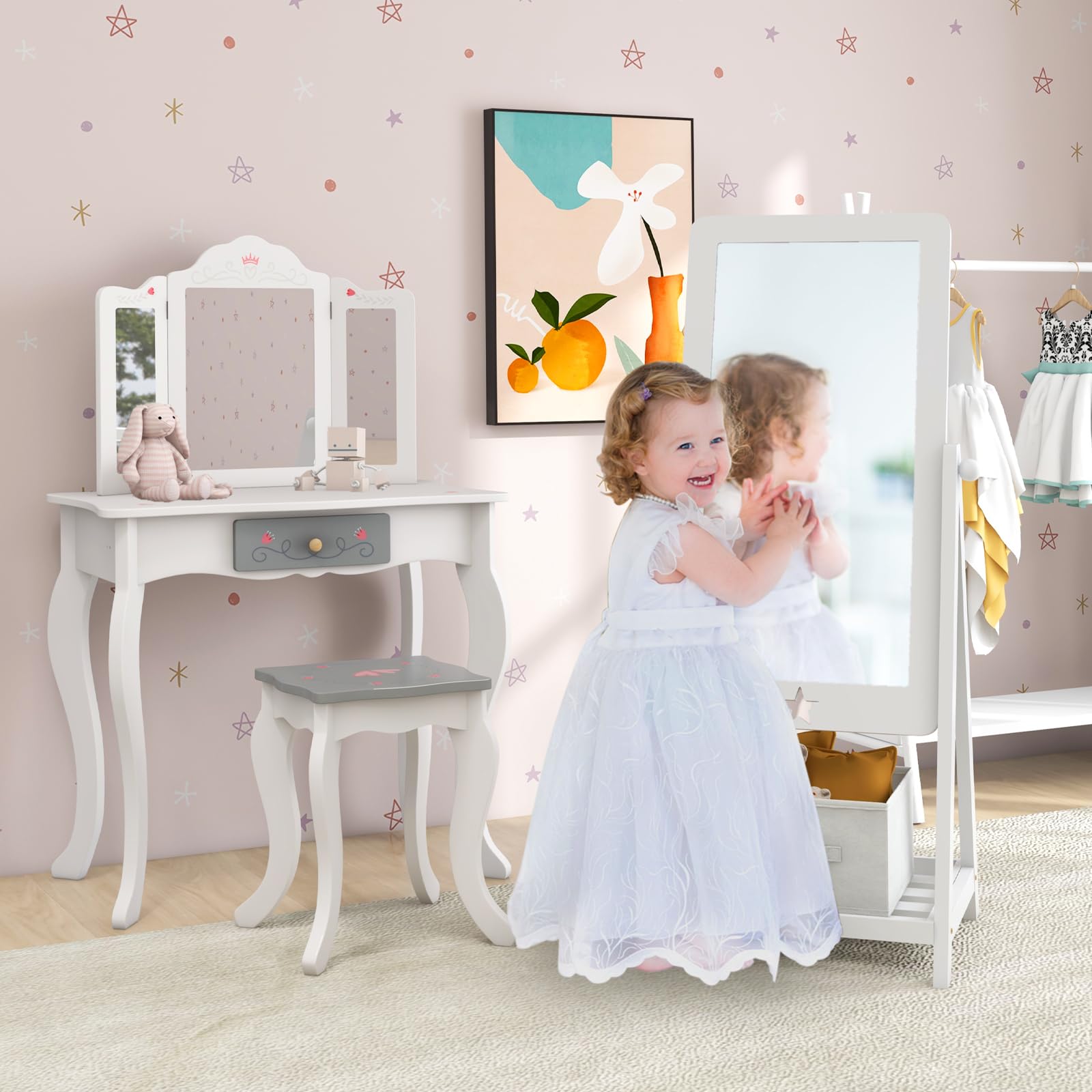 Kids Wooden Standing Mirror, Freestanding Full Length Dressing Mirror w/Bottom Shelf