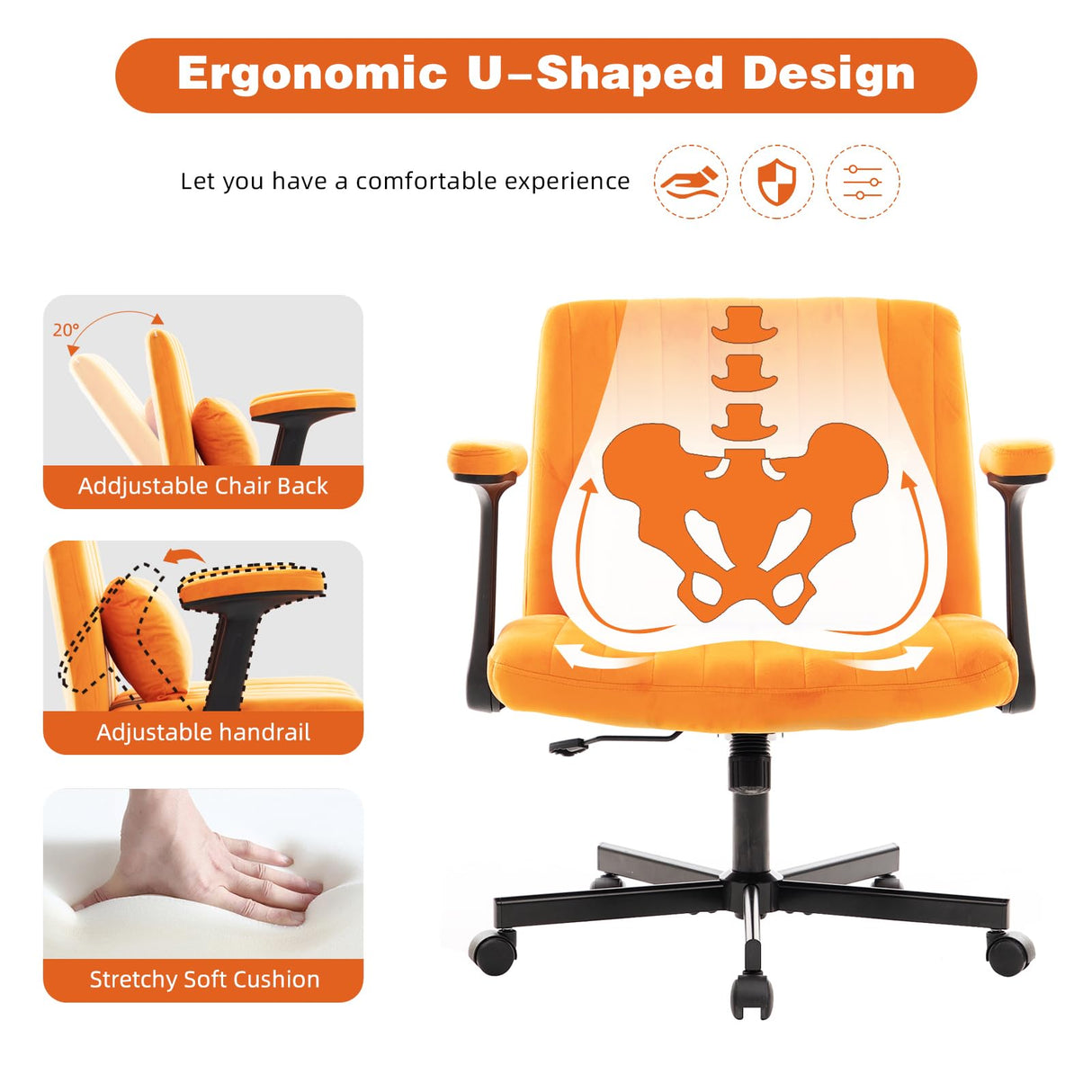 Velvet Ergonomic Office Chair with Adjustable Height & Lumbar Support