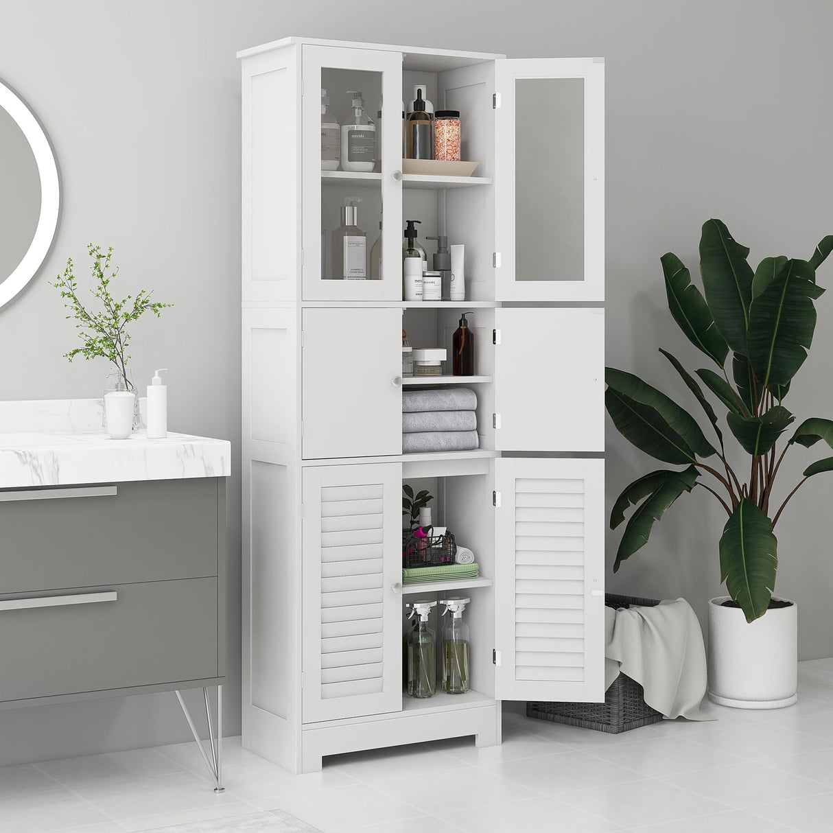 67" Tall Bathroom Cabinet, Bathroom Storage Cabinet with Glass/Louvred Doors