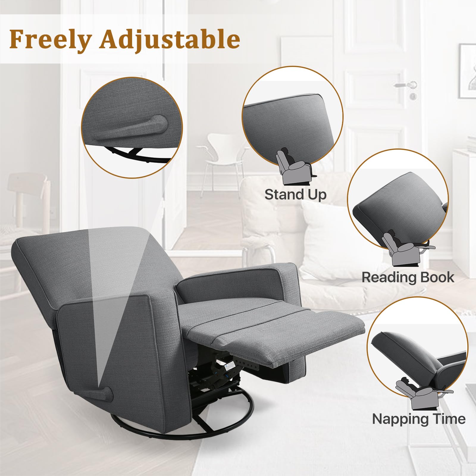 EaseCore Swivel Glider Recliner Chair with Lever Recline & Cushion Back