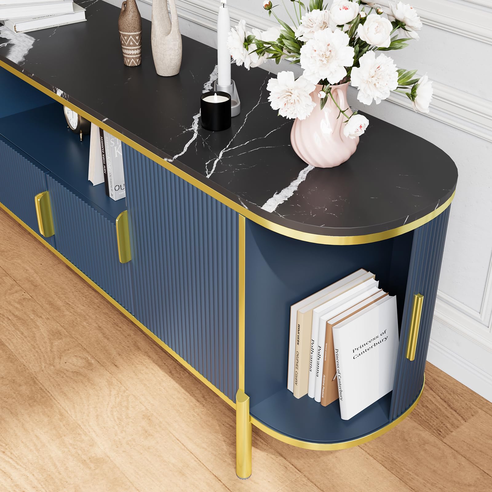 70-Inch Fluted TV Stand with Faux Marble Top - Navy Blue