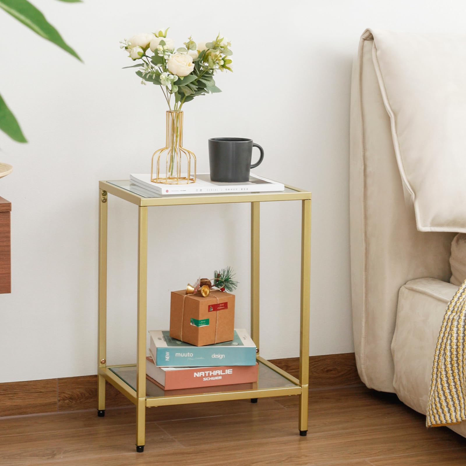 2-Tier End Table with Tempered Glass, Gold Metal Side Tables Sofa Side Table
