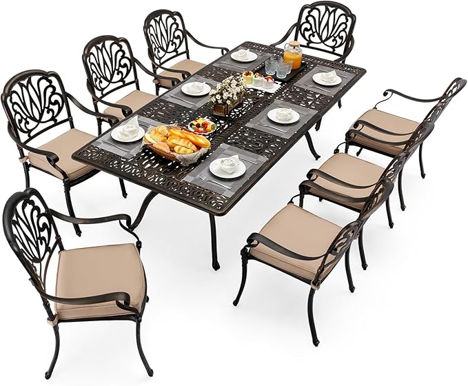 7 Piece Cast Aluminum Outdoor Dining Set Retro Patio Dining Set for 6 Includes 59” Rectangular Table and 6 Chairs