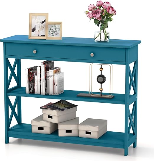 3-Tier Console Table, Wooden Sofa Tables Narrow Long with Large Drawer & 2 Open