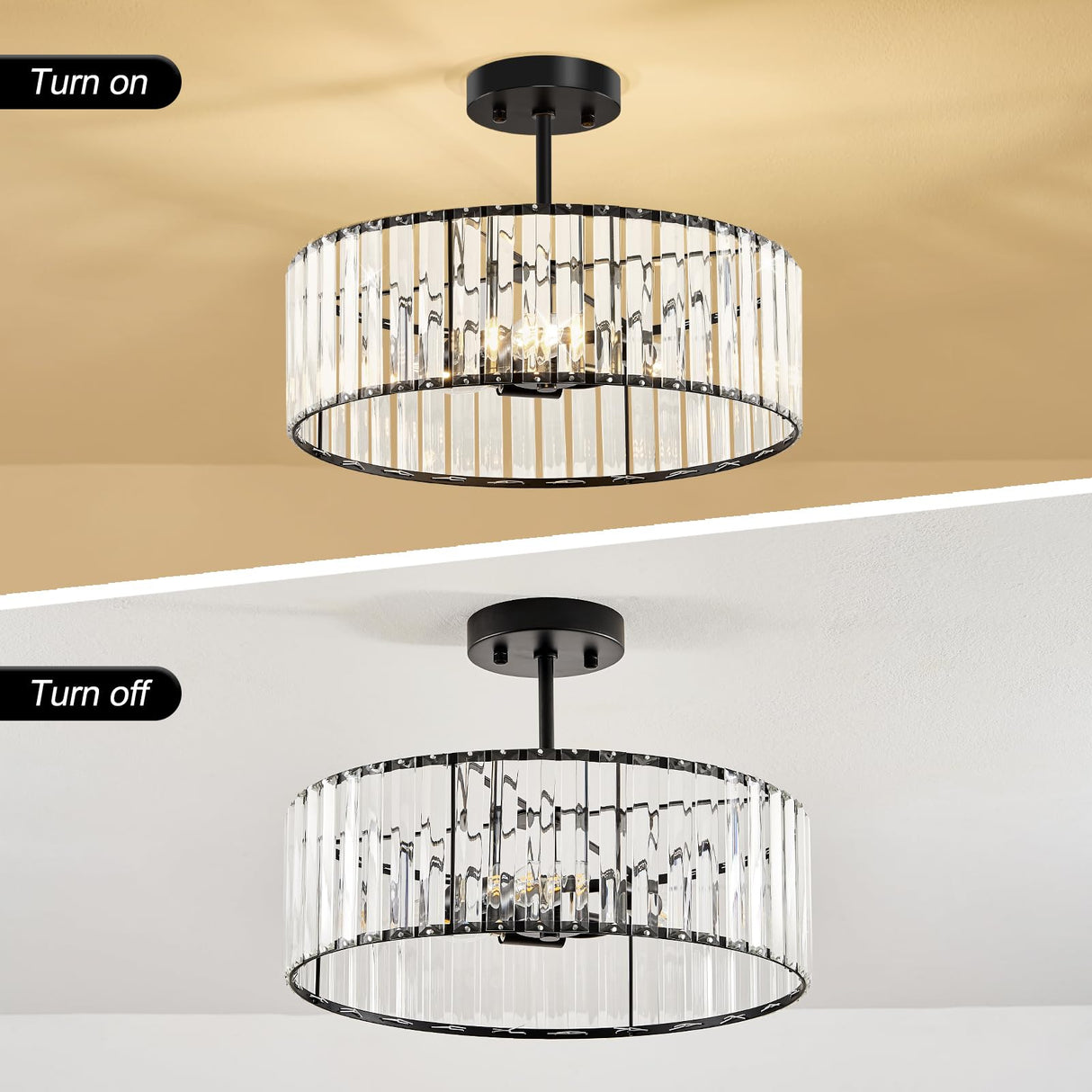 Modern Black Semi Flush Mount Ceiling Light Crystal 3-Light Light Fixture