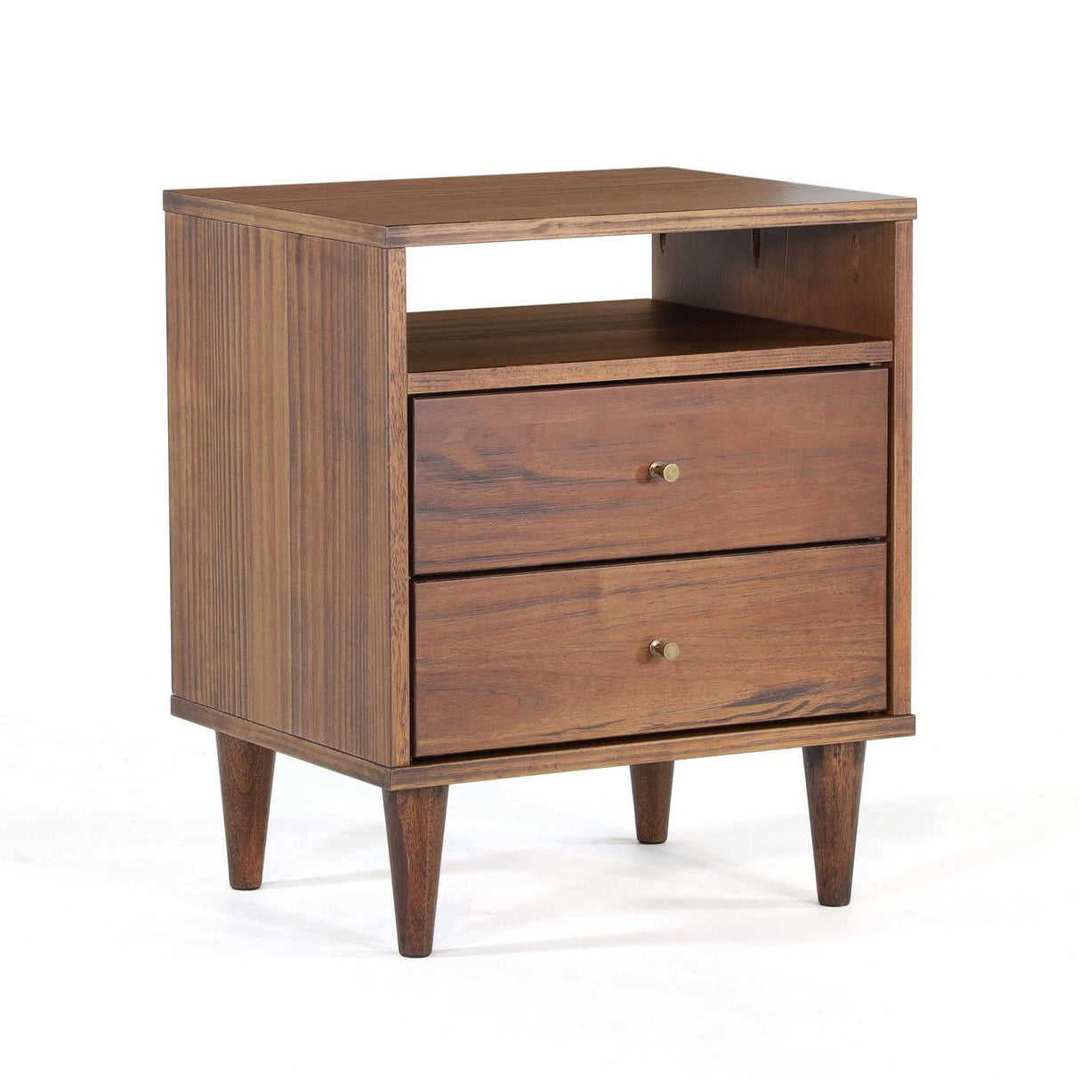 Mid Century 2-Drawer Nightstand, Solid Wood with a Brushed Walnut Finish