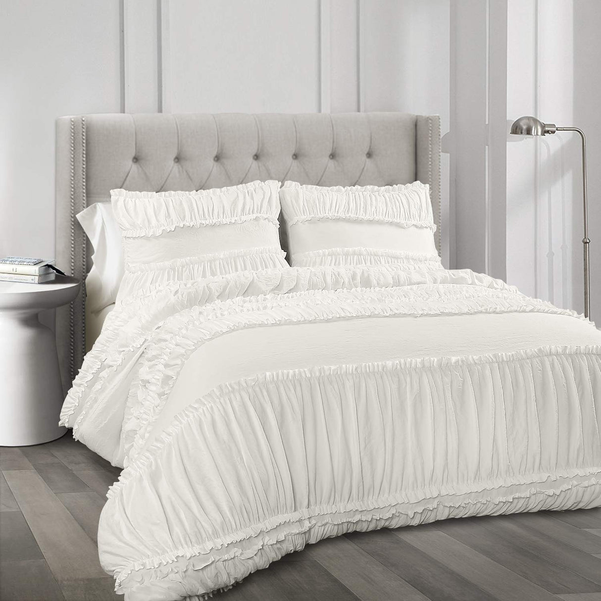 Lush Decor Nova Comforter | Ruffle Ruched Shabby Chic Farmhouse 3 Piece Bedding Set - Full Queen - White