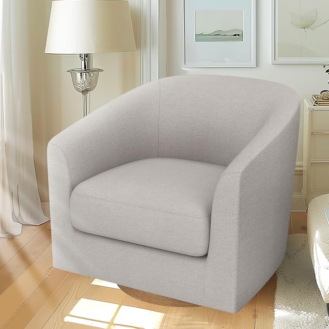 swivel Accent Chair,Memory Foam Upholstered Barrel Sofa Chair, Linen Living Room Round Armchair Beige