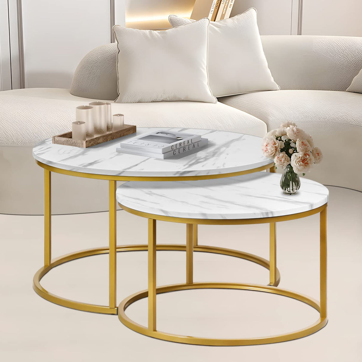 Round Coffee Table Set of 2, Nesting Marble Coffee Tables Accent Side Tables