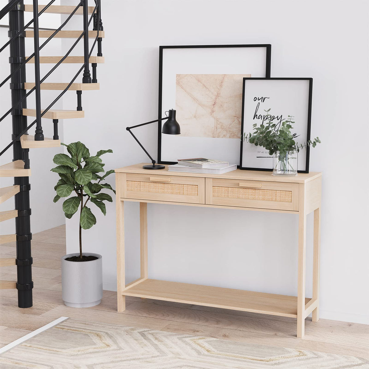 CREATIVELAND Console Table, 2 Drawers Hamilton Rattan Console Table, Entry Storage Rustic Sofa Side Table for Living Room, Entryway, Hallway Foyer, Durable Modern Wood Furniture Decorative