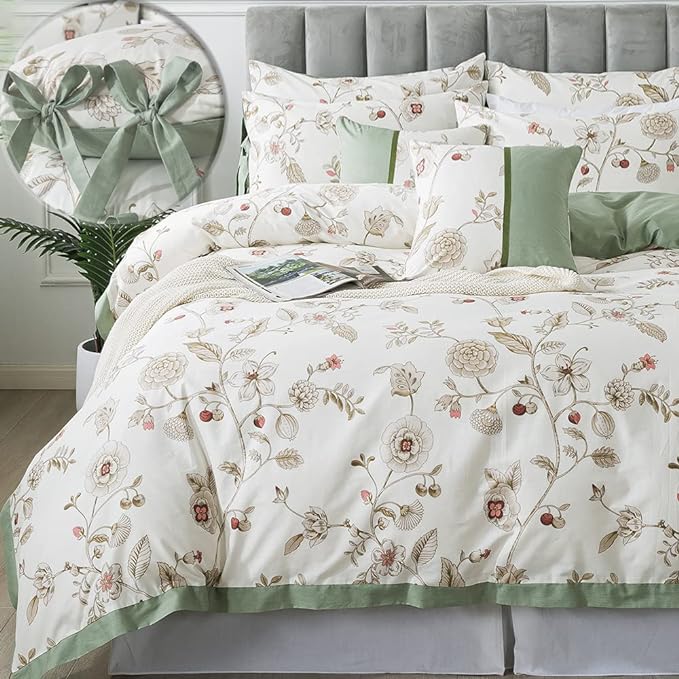 Floral Duvet Cover Set 100% Cotton Green and Beige Striped Shabby Flower Bedding