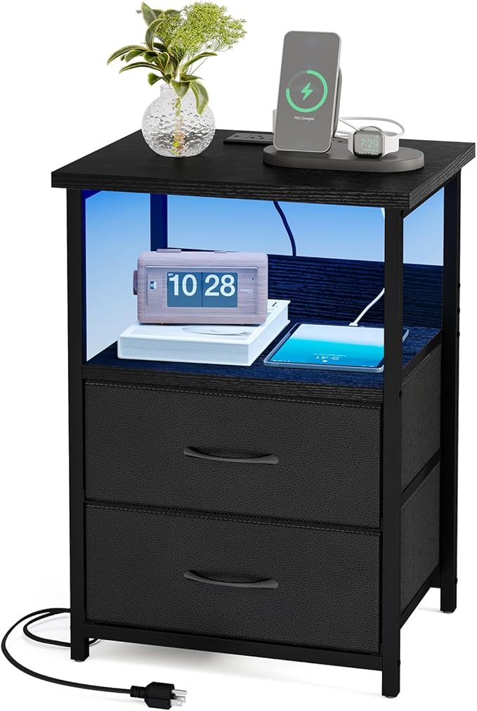 Night Stand with Charging Station, LED Nightstand with U-S-B Ports and Outlets