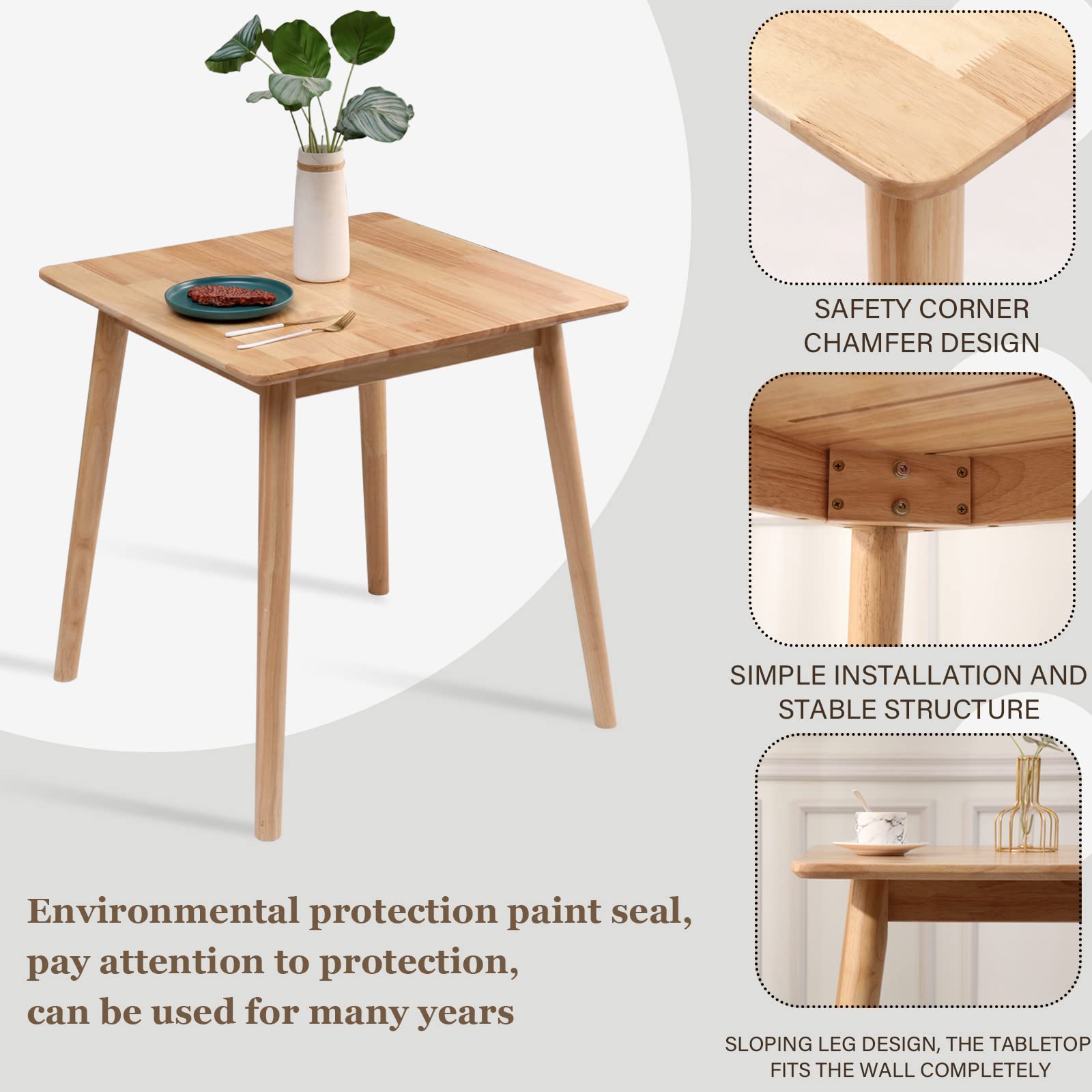 27.6" Small Square Wooden Dining Table for 2, Space-Saving natural Kitchen Dinner Table Rustic
