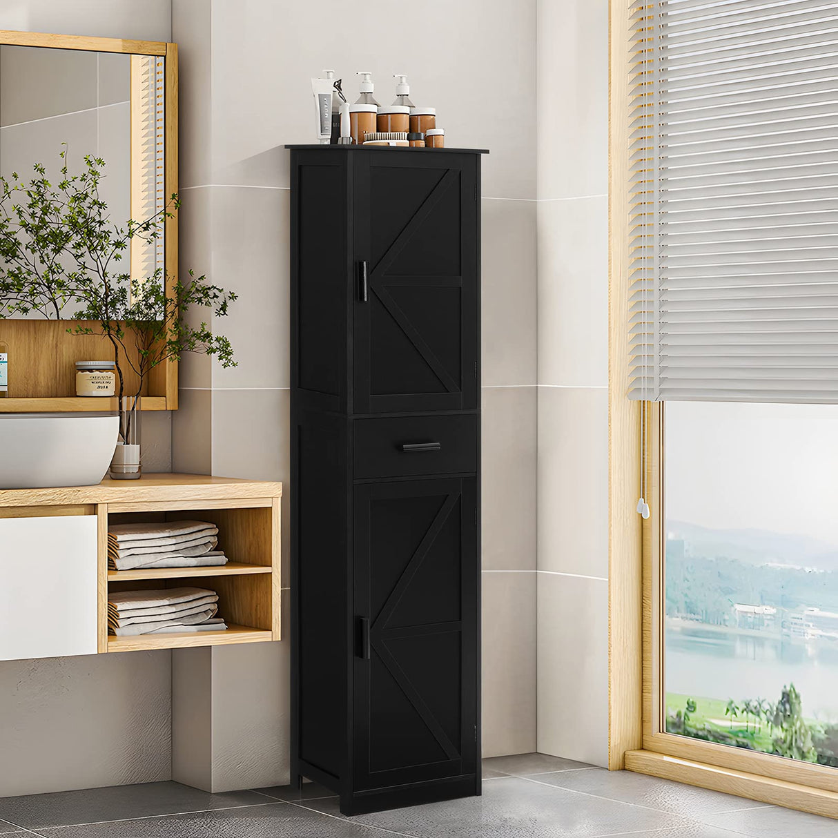 Tall Bathroom Cabinet, Storage Cabinet with 6 Shelves & Drawer