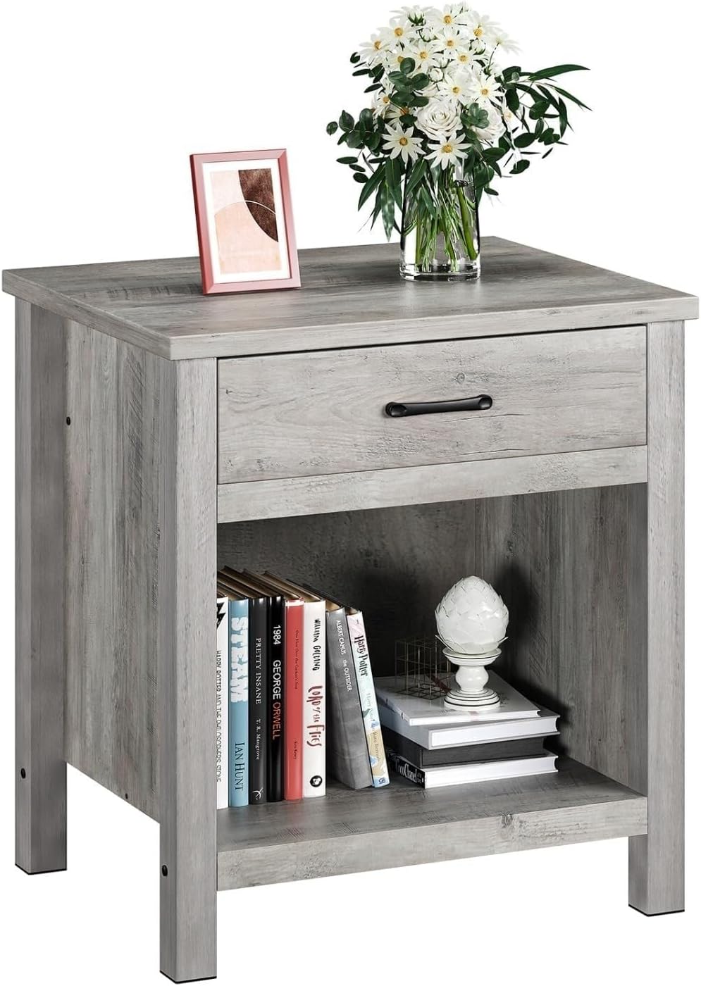 Farmhouse Square Nightstand, Bedside Table with Drawer Grey