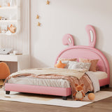 Full Size Upholstered Leather Platform Bed with Bunny Ears Headboard