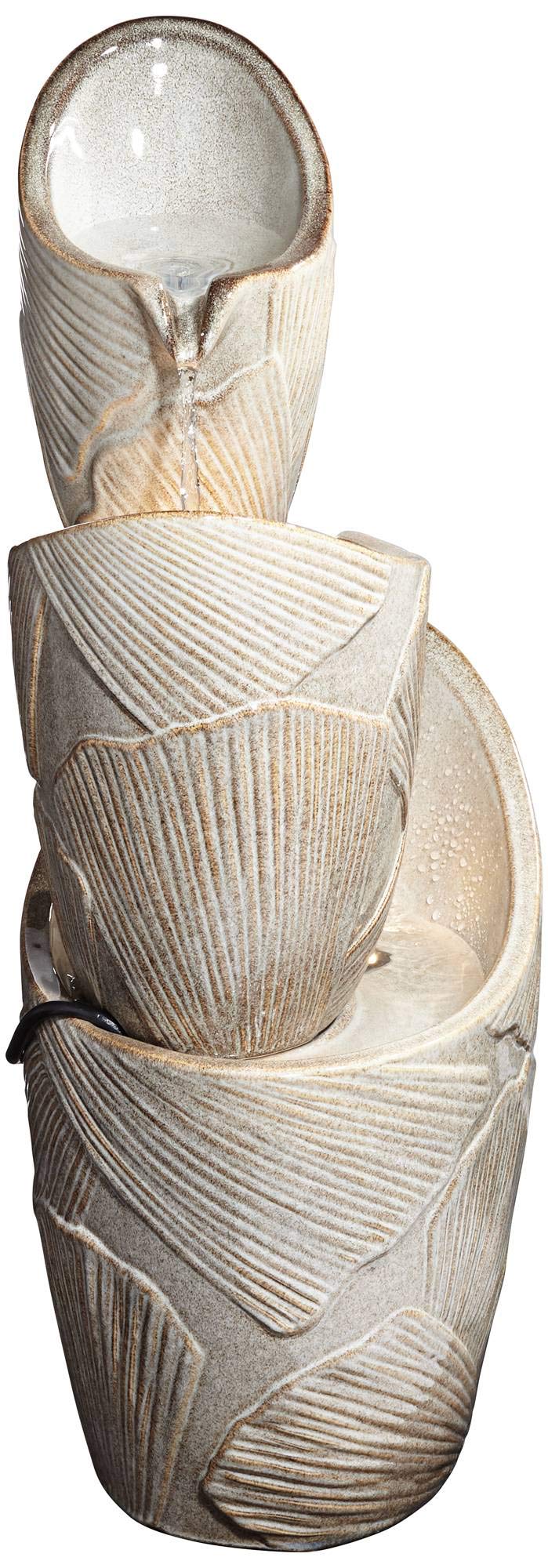 Three Urn with Leaves Asian Indoor Outdoor Floor Water Fountain with Light LED 30"