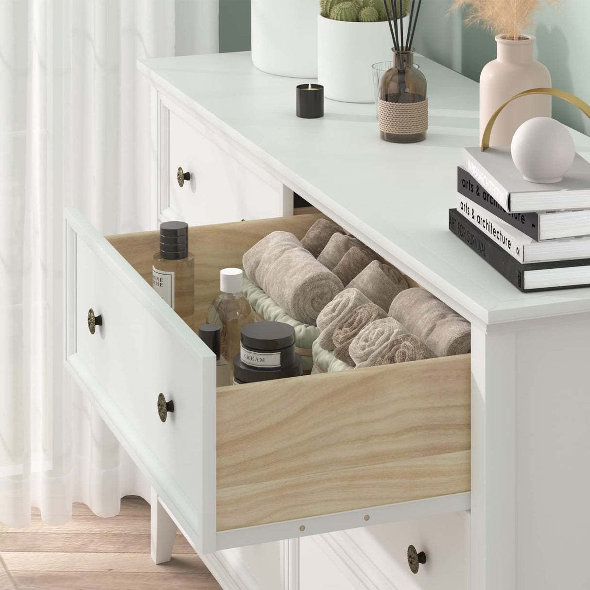 6 𝑫𝒓𝒂𝒘𝒆𝒓𝒔 𝑫𝒓𝒆𝒔𝒔𝒆𝒓, White 6 Drawer Dresser for Bedroom, Modern Solid Wood Chest