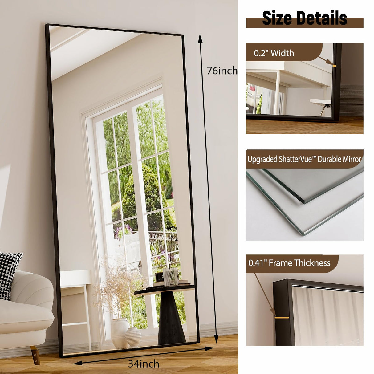 76"x34" Full Length Mirror Extra Large Hanging or Leaning Rectangle Mirror Aluminum