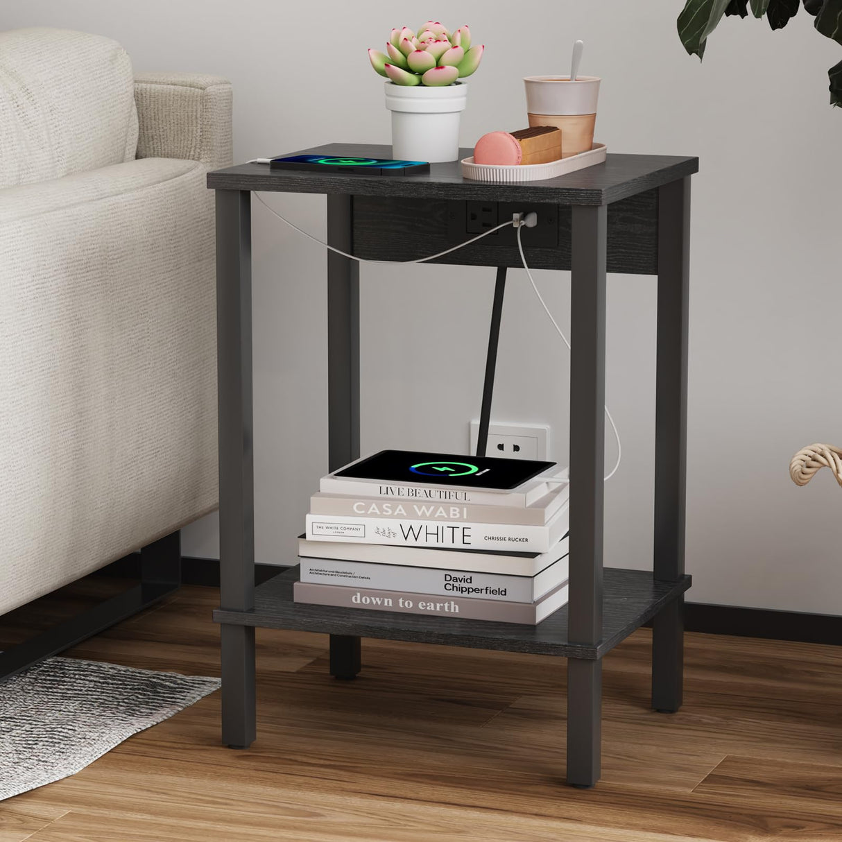 VIMBER Set of 2 End Table with Charging Station, Narrow Side Table with USB Ports and Outlets, Nightstands with 2-Tier Storage Shelves, Sofa Table for Small Space Living Room Bedroom