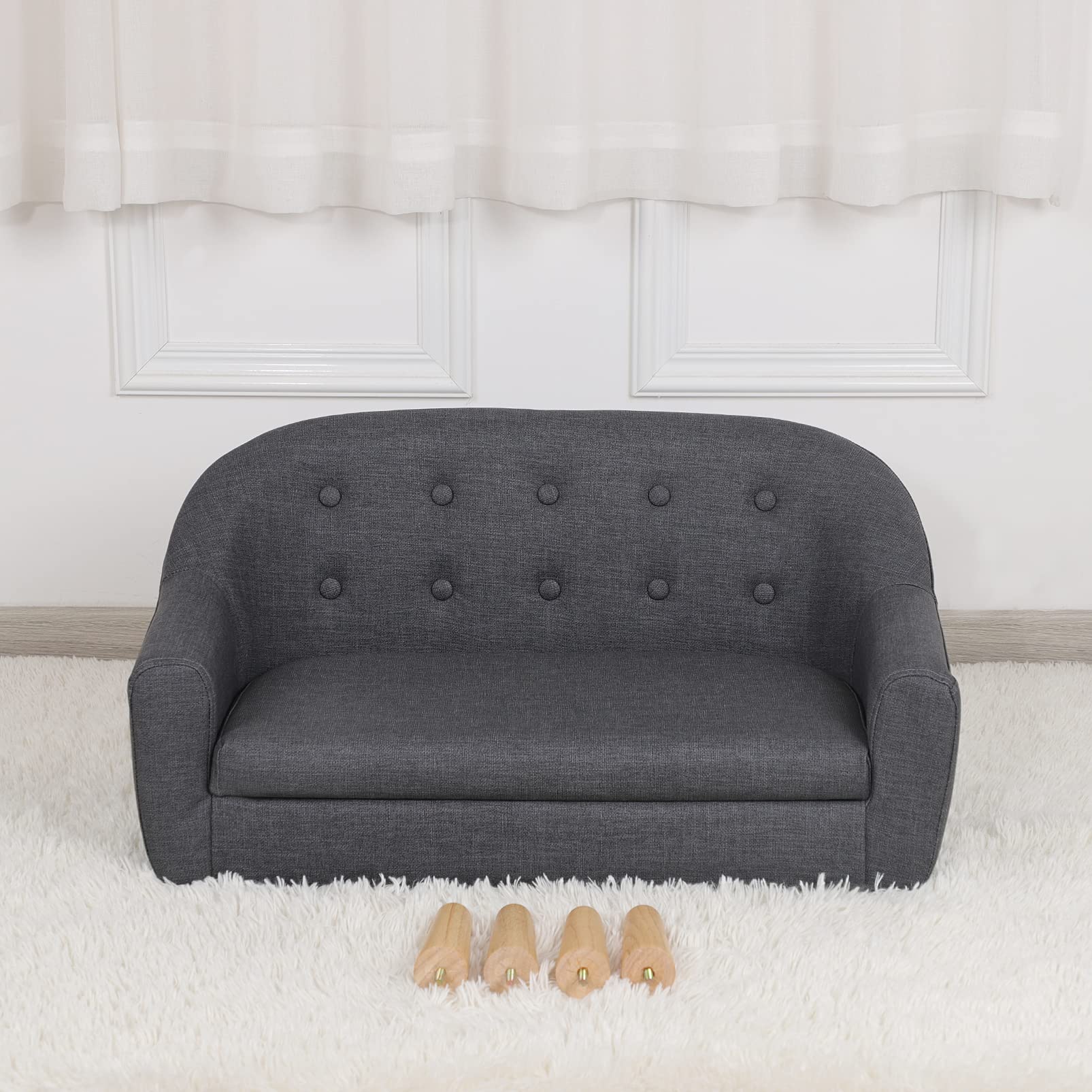, Toddler Sofa Couch, PVC 2-Seat Upholstered Children Sofa Chair with Wooden Legs