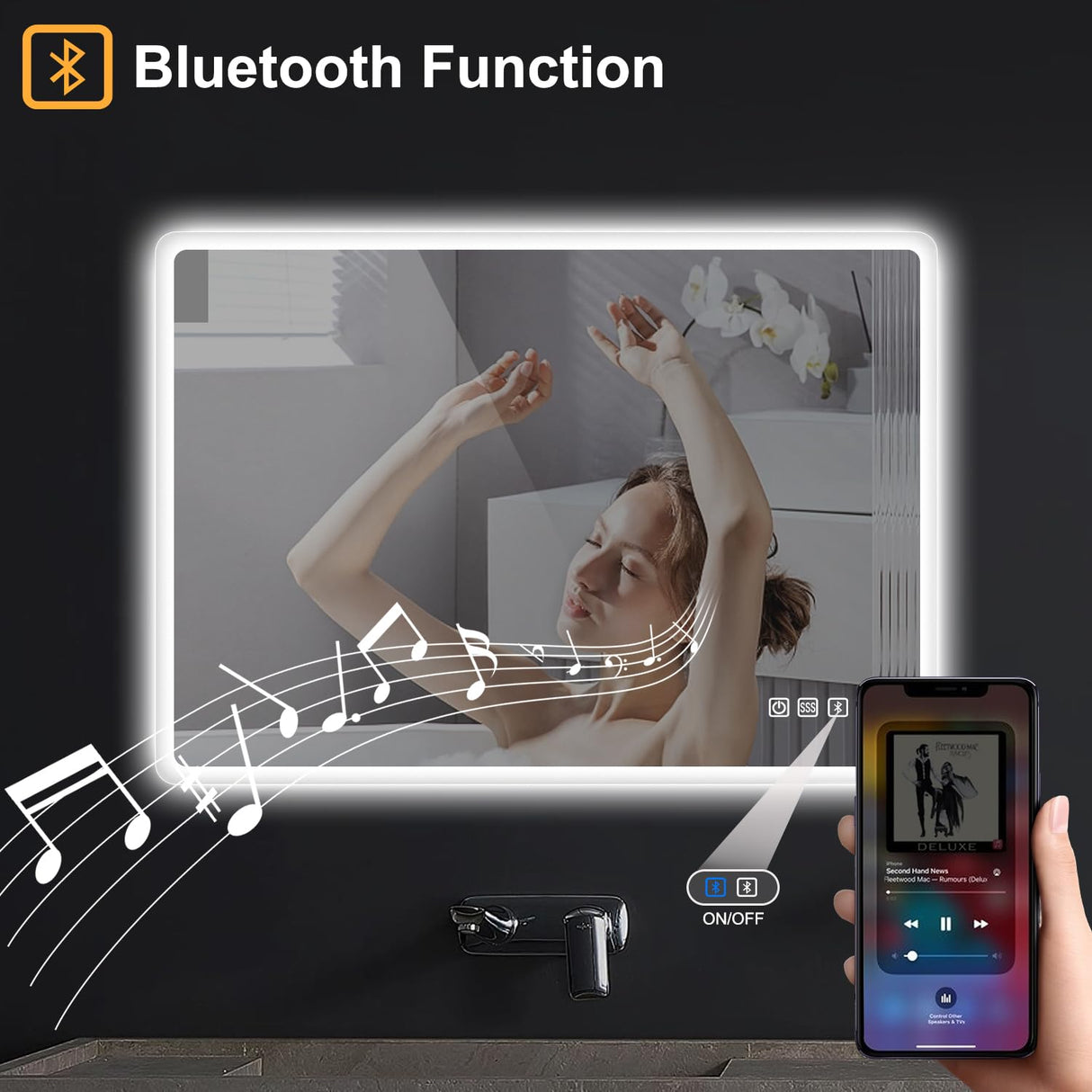 36x28 LED Bathroom Mirror with Bluetooth Speaker & Anti-Fog