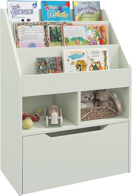 Bookcase Multi-Shelf Rack Organizer with Storage Drawer for Books, Playroom, White