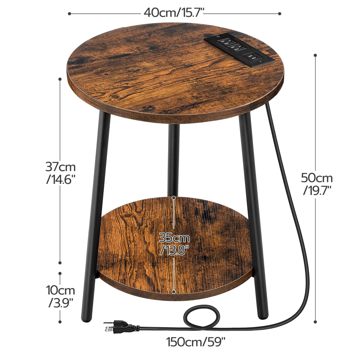 Round End Table with Charging Station, 2-Tier Small Circle Side Table