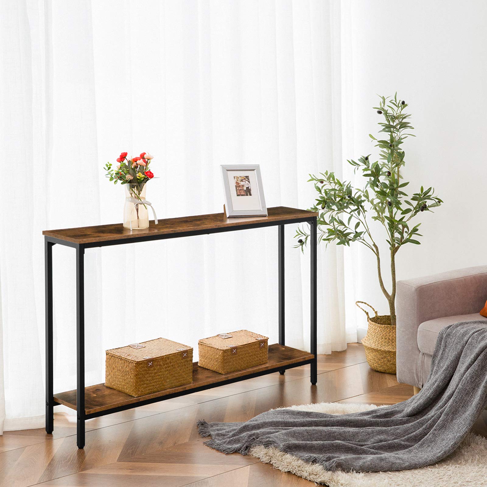 47.2" Narrow Console Table with Shelf - Rustic Brown & Black Metal Frame